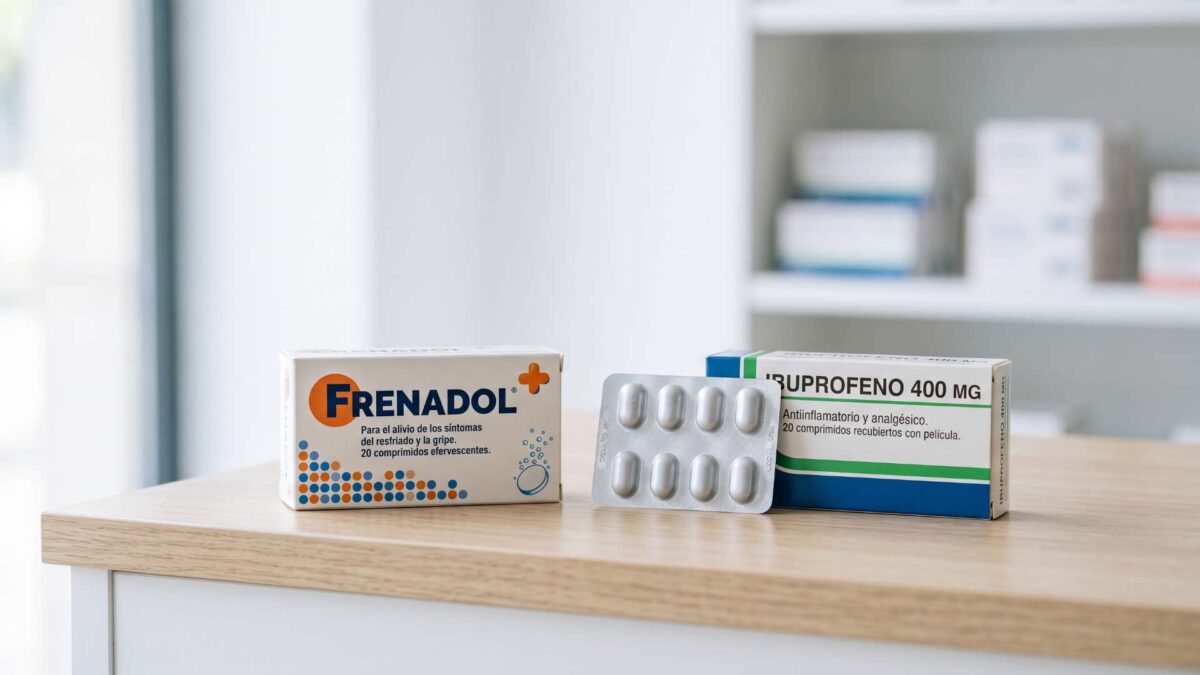 ¿Se puede mezclar Frenadol con ibuprofeno? 3 Caja de Frenadol junto a blíster y envase de ibuprofeno 400 mg sobre el mostrador de una farmacia.