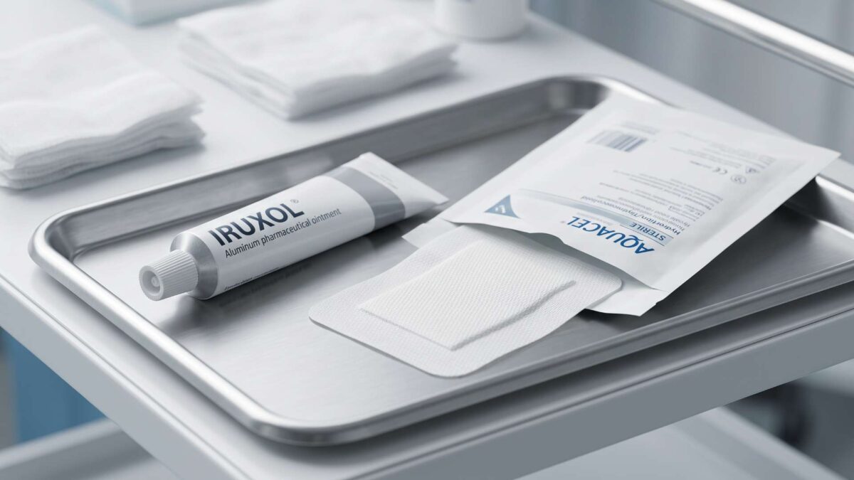 Tubo de pomada Iruxol junto a un apósito hidrocoloide Aquacel sobre bandeja de curas metálica