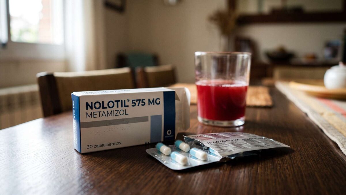 Caja de Nolotil 575 mg y cápsulas de metamizol junto a un vaso de vino en una mesa