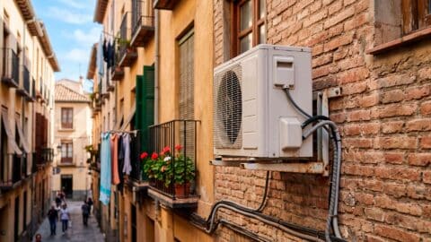 Unidad exterior de aire acondicionado instalada en una fachada de ladrillo en Valencia.