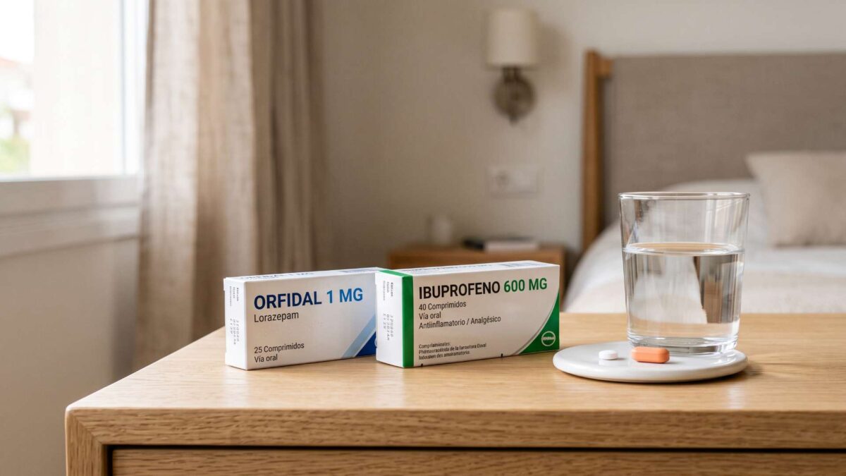 ¿Se puede tomar Orfidal e ibuprofeno? 3 Cajas de Orfidal e ibuprofeno con dos pastillas y un vaso de agua sobre una mesita de noche.