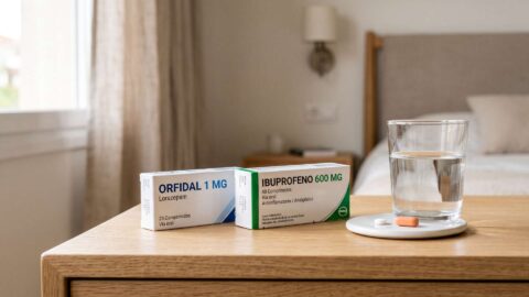 Cajas de Orfidal e ibuprofeno con dos pastillas y un vaso de agua sobre una mesita de noche.