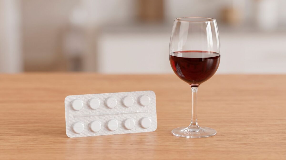 Blíster de pastillas de paracetamol junto a una copa de vino tinto sobre una mesa.