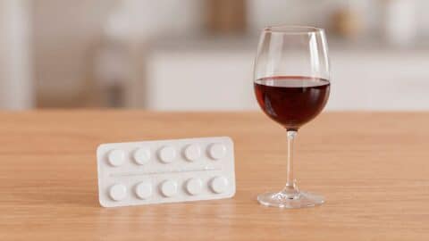 Blíster de pastillas de paracetamol junto a una copa de vino tinto sobre una mesa.