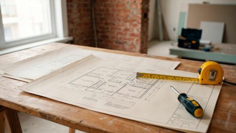Planos de reforma, cinta métrica y herramientas sobre una mesa de madera en un piso en obras.