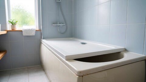 Plato de ducha moderno blanco colocado directamente sobre una bañera tradicional en un baño alicatado.