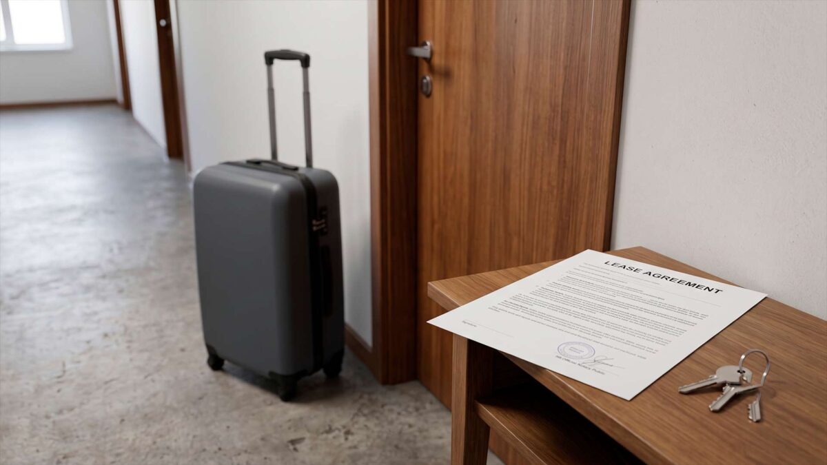 Contrato de alquiler y llaves sobre una mesa junto a una maleta en el pasillo de una comunidad de vecinos.