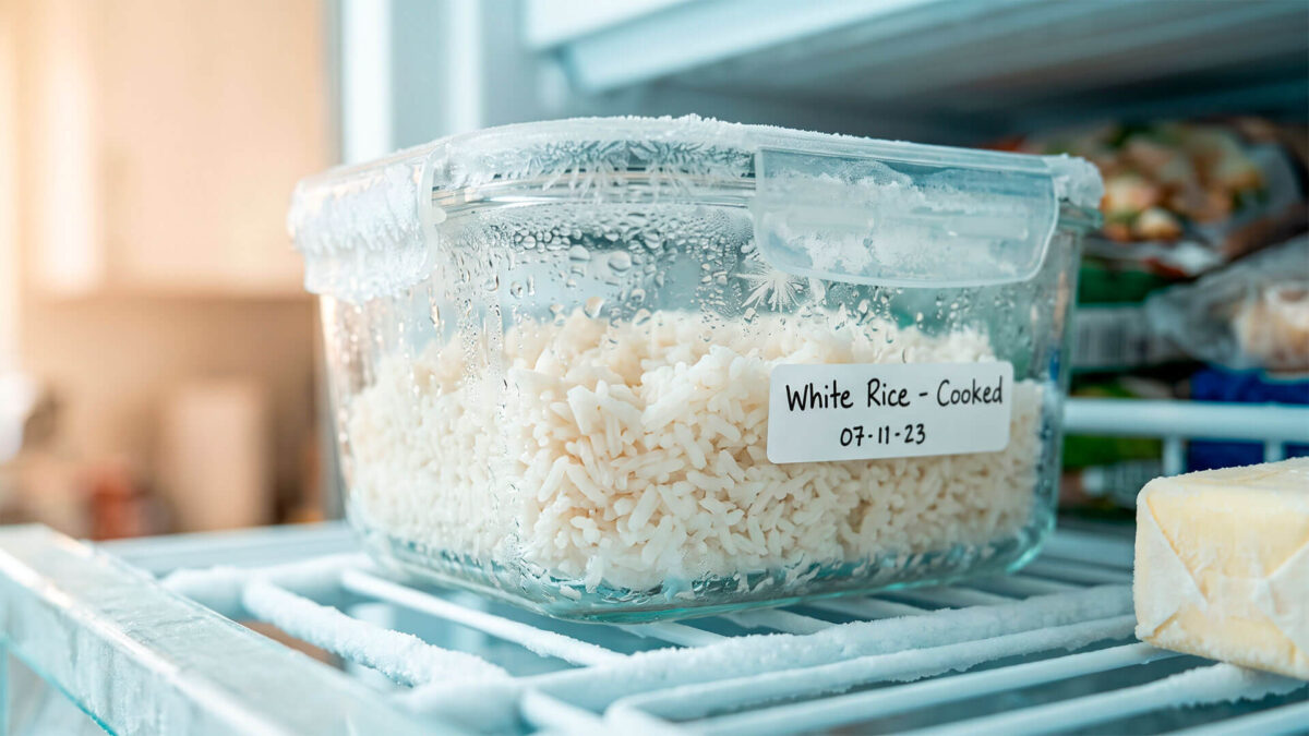 Recipiente hermético de cristal con arroz cocido en el interior de un congelador doméstico.