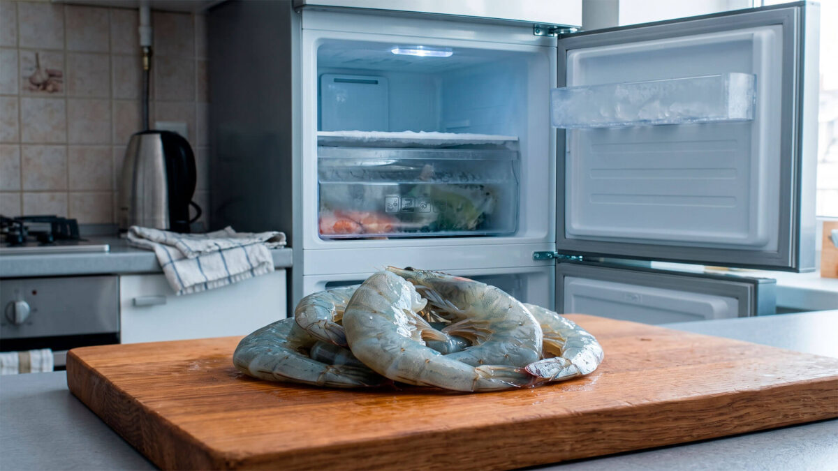 Langostinos crudos descongelados sobre una tabla de madera frente a un congelador abierto en una cocina.