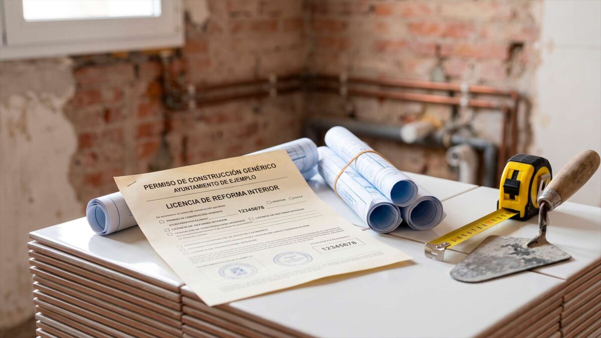 Documento de licencia de reforma interior, planos y herramientas sobre azulejos en una obra de baño.