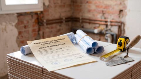 Documento de licencia de reforma interior, planos y herramientas sobre azulejos en una obra de baño.