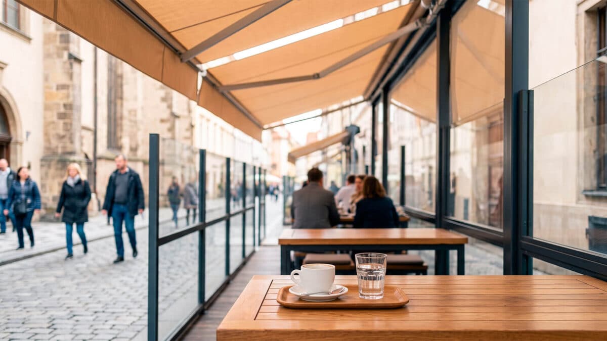 Terraza exterior de cafetería con toldo, cerramiento lateral de cristal y mesa con café en calle peatonal.