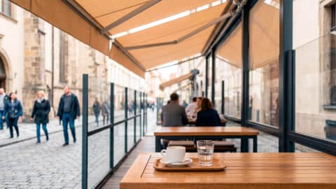 Terraza exterior de cafetería con toldo, cerramiento lateral de cristal y mesa con café en calle peatonal.
