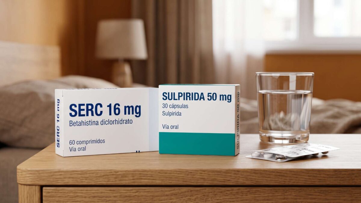 Cajas de Serc 16 mg y sulpirida 50 mg junto a un blíster y un vaso de agua sobre una mesa de noche