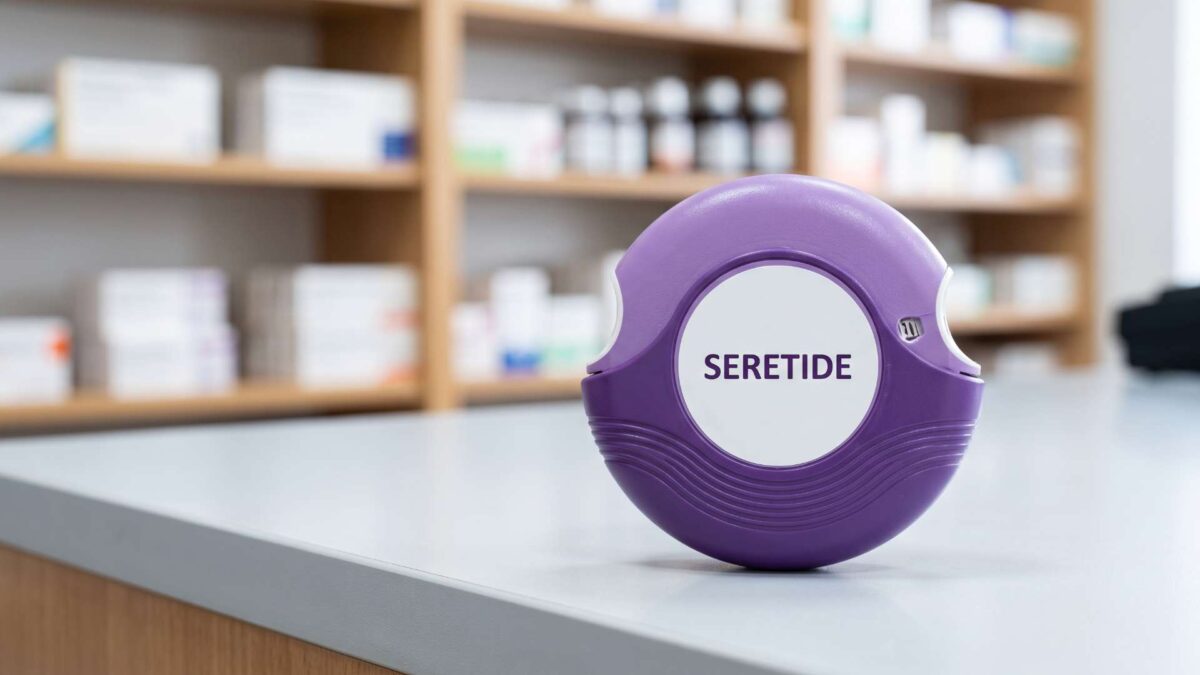 ¿Se puede comprar Seretide sin receta? 3 Inhalador Seretide morado sobre el mostrador de una farmacia para dispensación con receta médica.