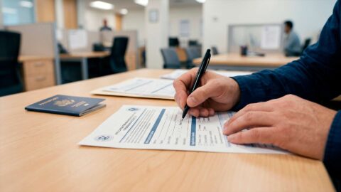 Persona completando un formulario de solicitud de asilo político en una oficina en España.