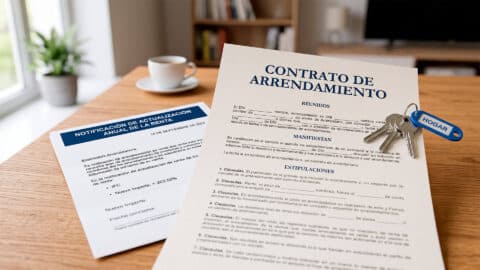 Contrato de arrendamiento y notificación de actualización de renta sobre una mesa de madera con llaves.