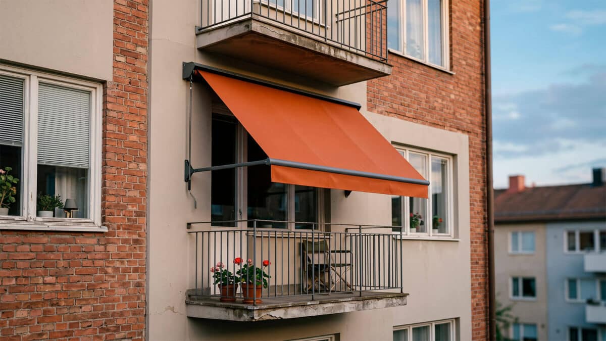 Toldo naranja desplegado en el balcón de la fachada de un edificio residencial de ladrillo.