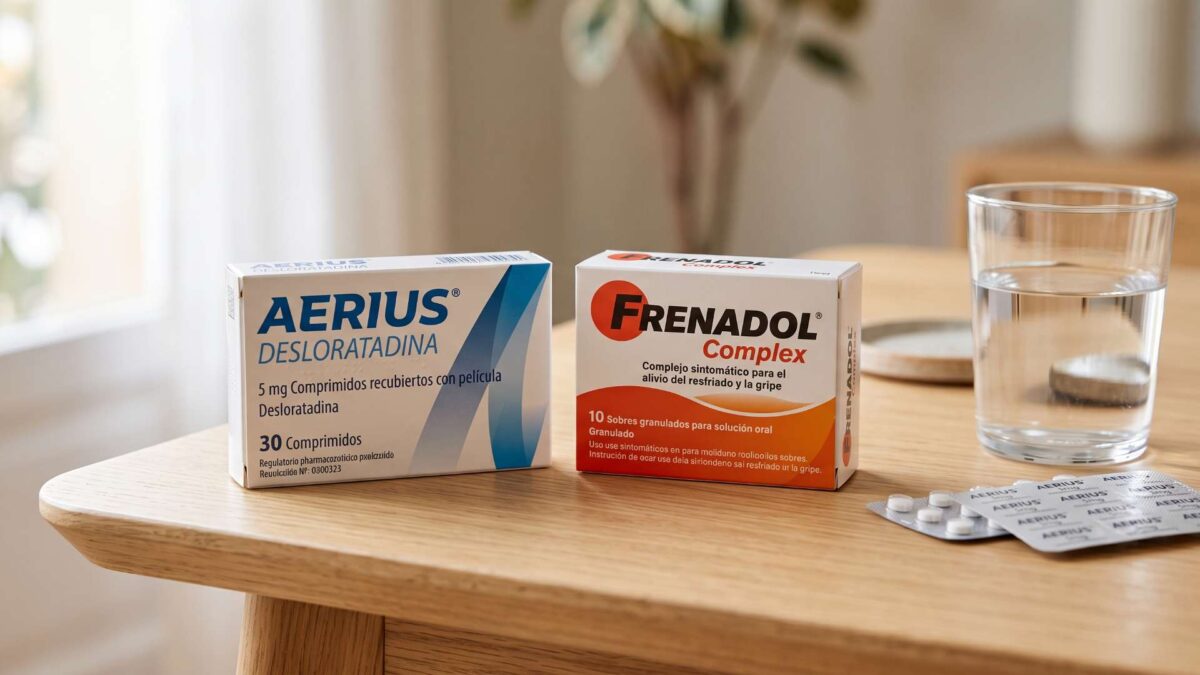 Cajas de Aerius y Frenadol Complex junto a un blíster y un vaso de agua sobre una mesa de madera.