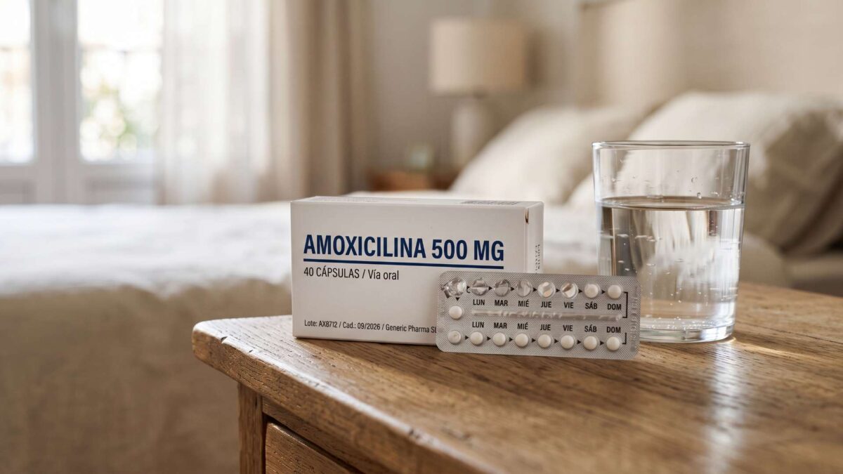 Caja de amoxicilina 500 mg junto a pastillas anticonceptivas y un vaso con agua sobre una mesa de noche.