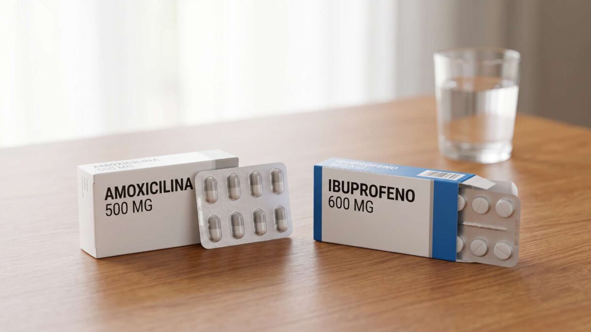 Cajas de amoxicilina de 500 mg e ibuprofeno de 600 mg con blisters sobre una mesa de madera.