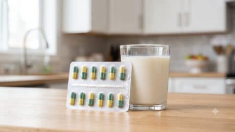 Blíster de pastillas de antibiótico junto a un vaso de leche sobre una mesa de madera.