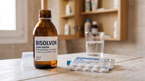 Frasco de jarabe Bisolvon junto a un blíster de comprimidos de ibuprofeno y un vaso de agua en una mesa.