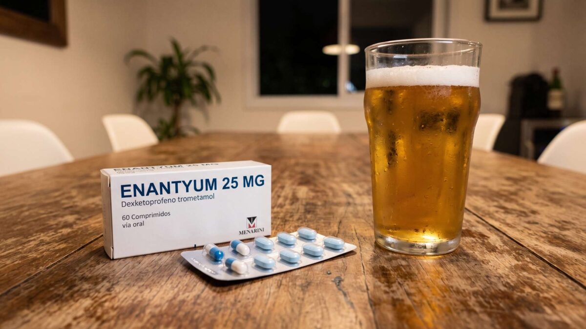 Caja de Enantyum 25 mg y blíster de pastillas junto a un vaso de cerveza sobre una mesa de madera.