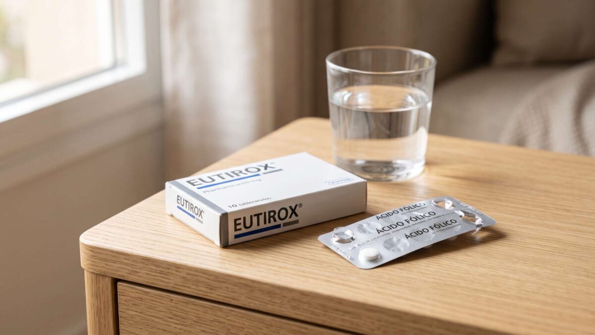 Caja de Eutirox junto a un blíster de ácido fólico y un vaso de agua sobre una mesilla de madera.