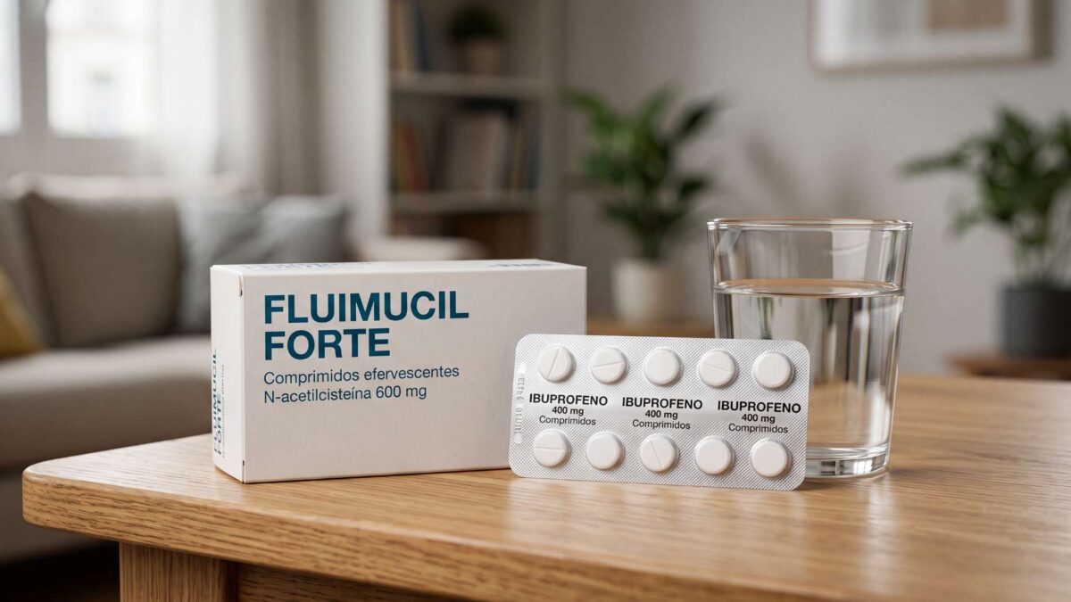 Caja de Fluimucil Forte junto a un blíster de ibuprofeno 400 mg y un vaso con agua sobre mesa de madera.