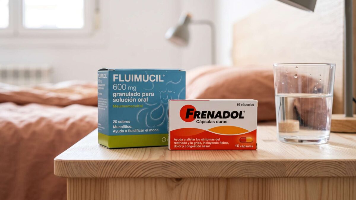 Cajas de Fluimucil y Frenadol junto a un vaso con agua sobre una mesilla de noche de madera.