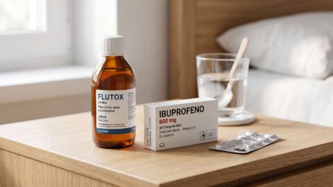 Frasco de jarabe Flutox y caja de ibuprofeno en una mesita de noche junto a un vaso de agua