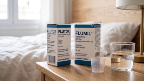 Cajas de jarabe Flutox y sobres Flumil con dosificador y vaso de agua sobre una mesita de noche.