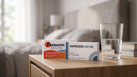 Cajas de Frenadol y Naproxeno 500 mg junto a un vaso de agua en la mesilla de un dormitorio.