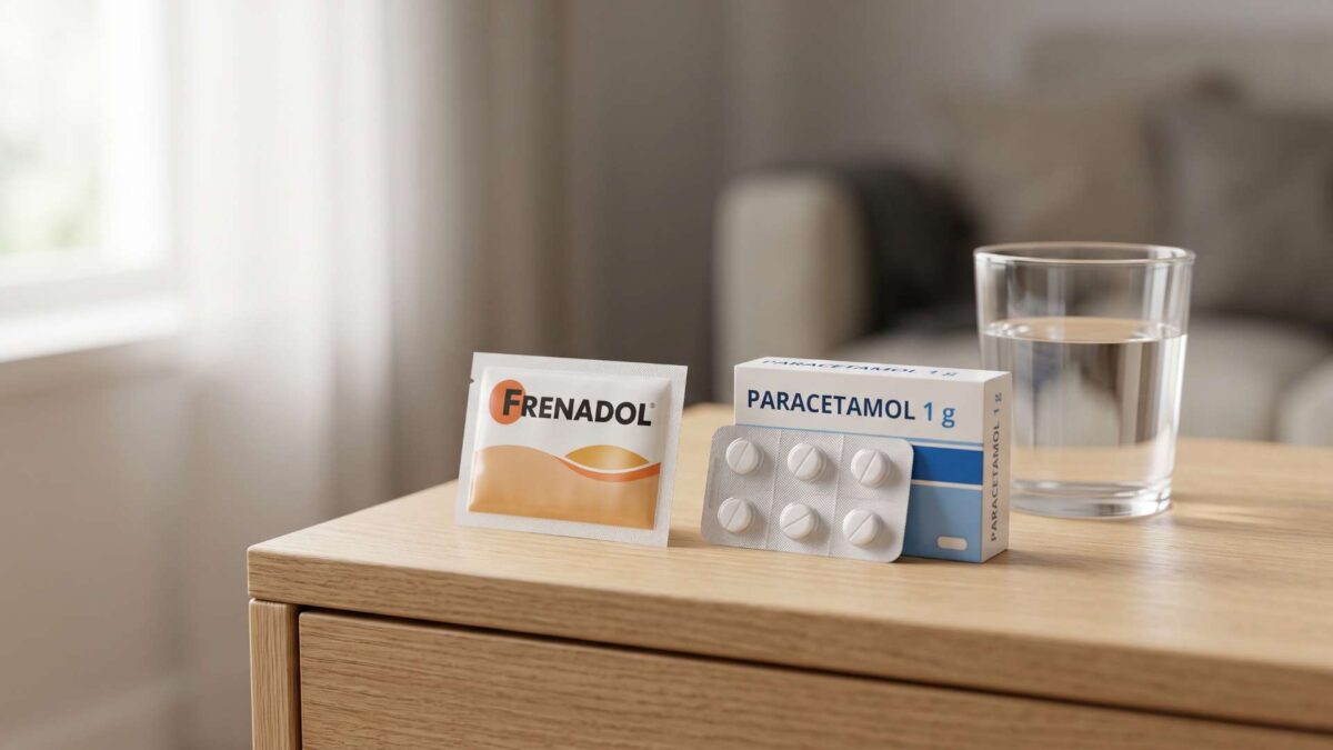 Sobre de Frenadol y caja de paracetamol junto a un vaso de agua sobre una mesilla de madera.