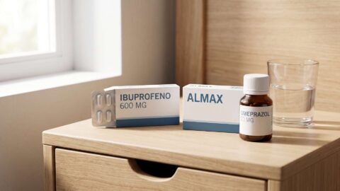 Cajas de ibuprofeno 600 mg, Almax y frasco de omeprazol 20 mg sobre mesita de noche junto a un vaso de agua.