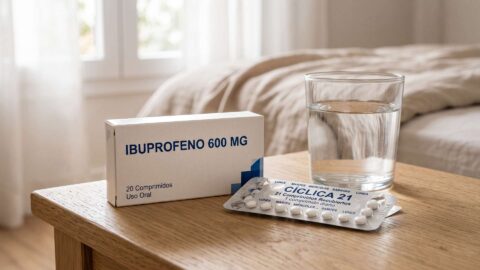 Caja de ibuprofeno 600 mg junto a un blíster de píldoras anticonceptivas y un vaso de agua sobre una mesita de madera.