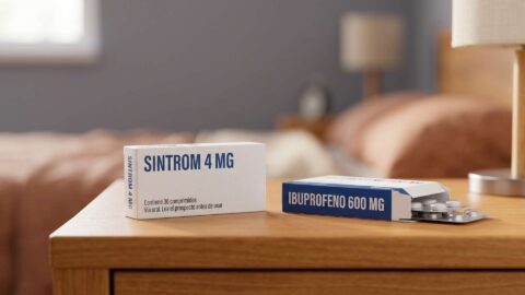 Cajas de Sintrom 4 mg e Ibuprofeno 600 mg con blíster sobre una mesita de noche de madera.