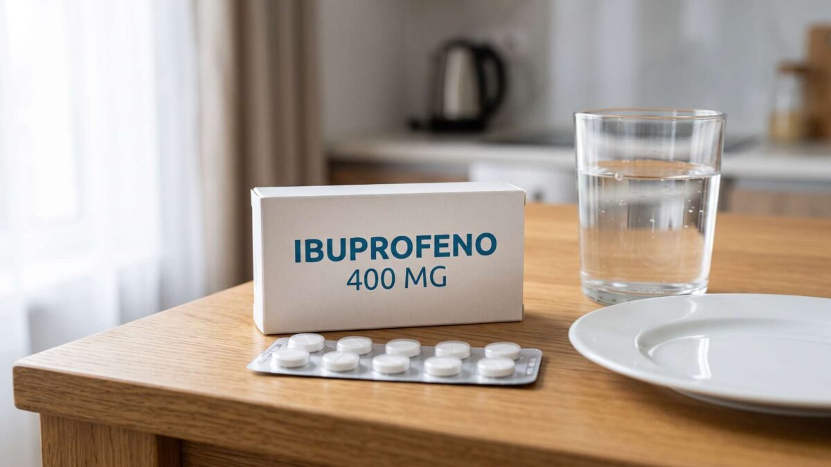 Caja y blíster de ibuprofeno 400 mg con plato vacío y vaso de agua en la mesa.