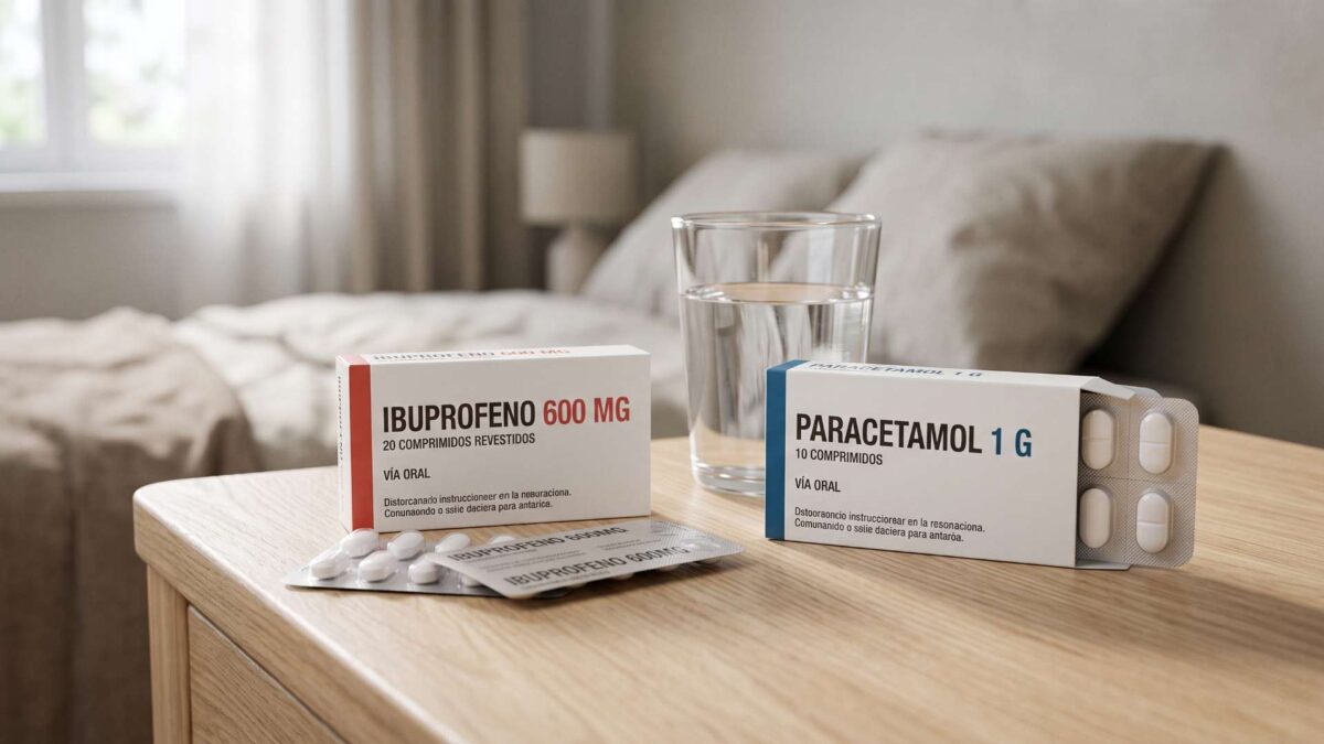 ¿Se puede tomar ibuprofeno y paracetamol juntos? 3 Cajas de medicamentos para tomar ibuprofeno y paracetamol juntos junto a un vaso de agua sobre una mesita de noche.