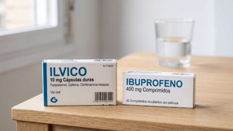 Cajas de Ilvico e ibuprofeno de 400 mg sobre una mesa de madera junto a un vaso de agua