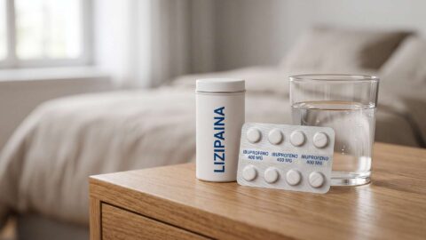 Bote de Lizipaina, blíster de comprimidos de ibuprofeno de 400 mg y vaso de agua sobre una mesita de noche