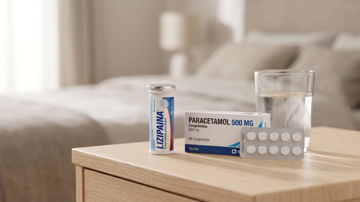 Tubo de Lizipaina junto a paracetamol y un vaso de agua en una mesita de noche.
