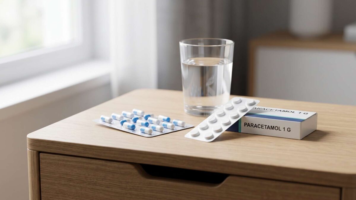 ¿Se puede tomar omeprazol y paracetamol? 3 Cápsulas de omeprazol y blíster de paracetamol junto a un vaso con agua sobre una mesa de madera.