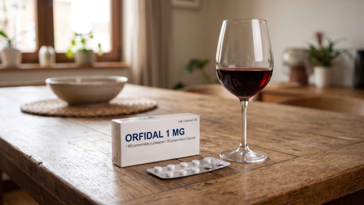Blíster y caja de Orfidal junto a una copa de vino tinto sobre una mesa.