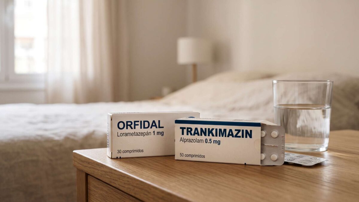 ¿Se puede tomar Orfidal y Trankimazin a la vez? 3 Cajas de Orfidal y Trankimazin con blister y vaso de agua en mesita de noche de un dormitorio.