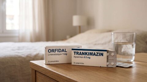 Cajas de Orfidal y Trankimazin con blister y vaso de agua en mesita de noche de un dormitorio.