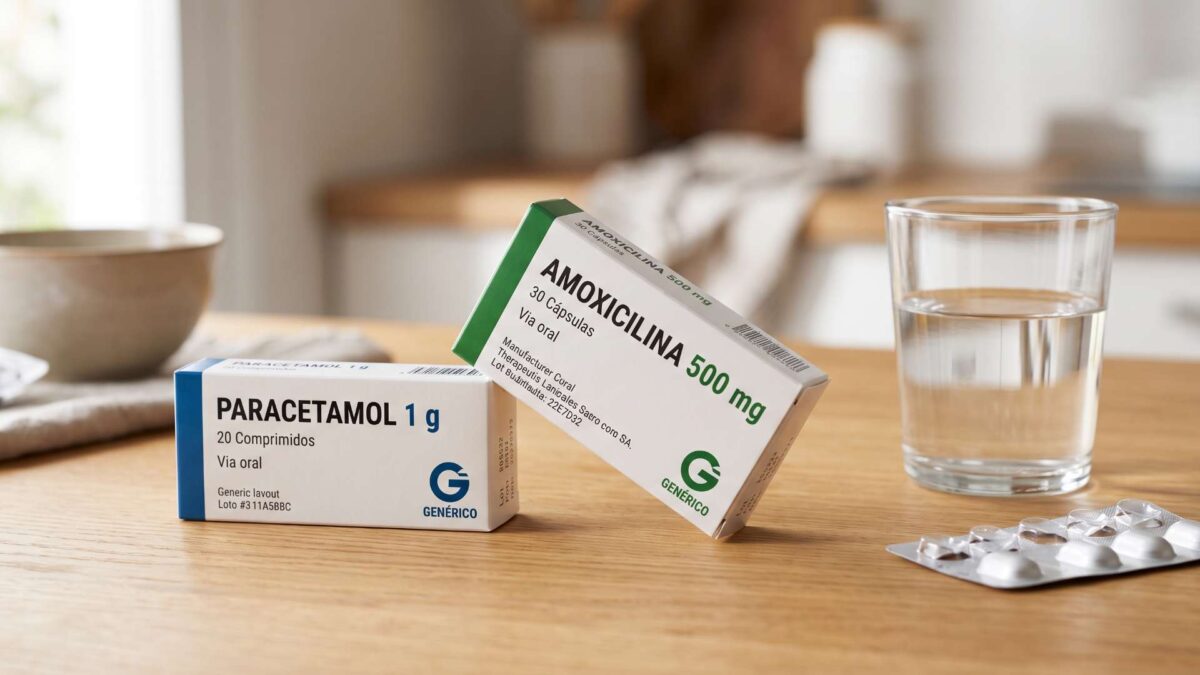 Cajas de paracetamol de 1 g y amoxicilina de 500 mg junto a un vaso de agua sobre una mesa de madera.
