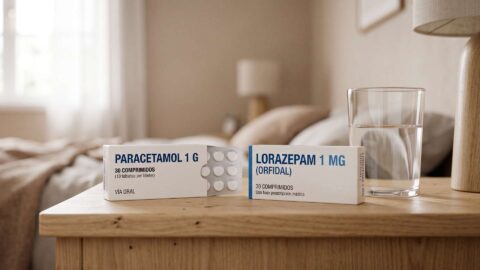 Cajas de paracetamol de 1 g y lorazepam Orfidal junto a un vaso de agua en la mesilla de un dormitorio