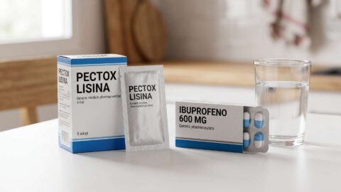 Caja y sobre de Pectox Lisina junto a blíster de ibuprofeno 600 mg y vaso de agua en una mesa